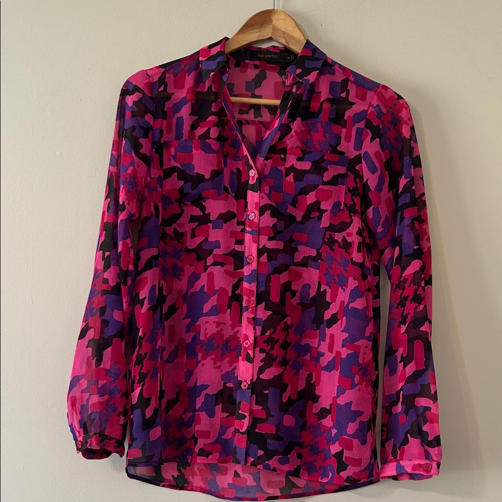 The Limited Pink Colorful Camo Button Down Blouse Long Sleeve Top XS